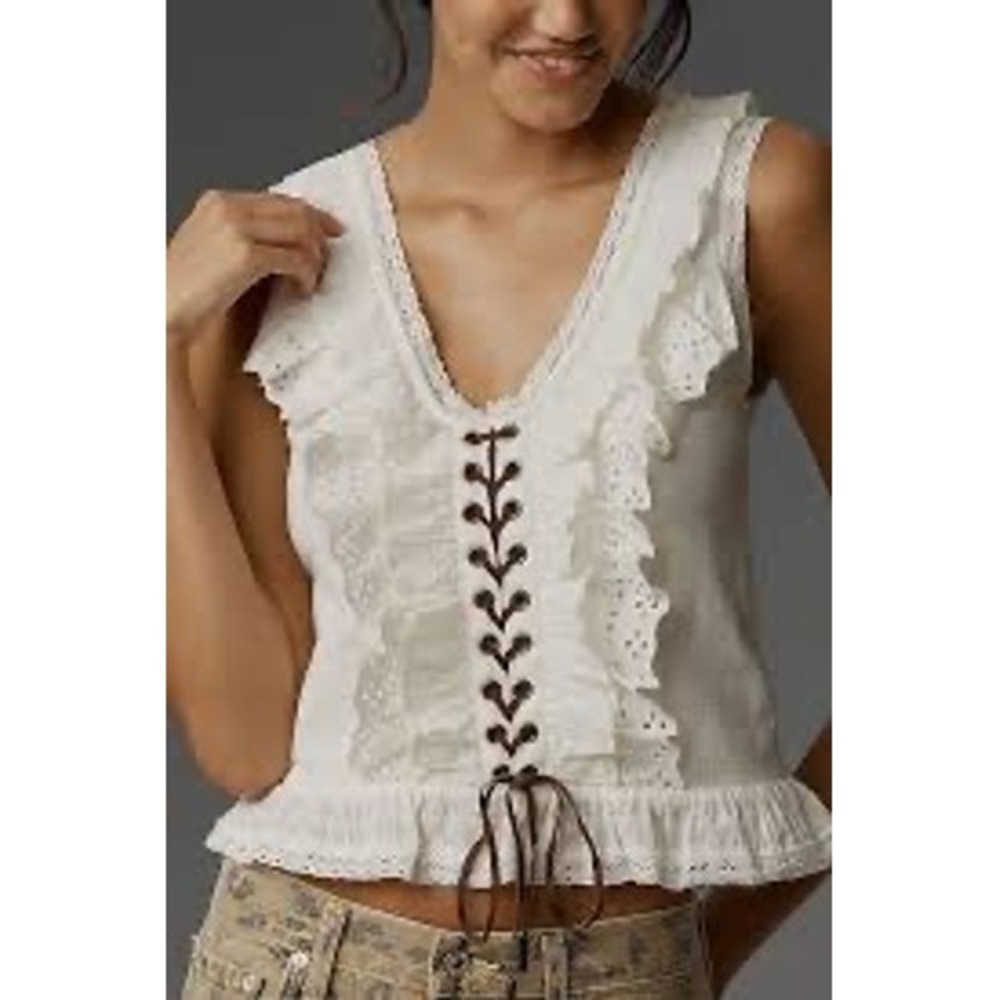 Pilcro Anthropologie White Eyelet Ruffle Lace Up Sleeveless Top XS Boho Top